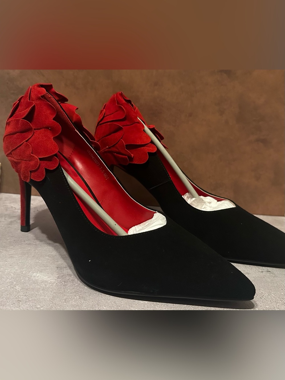 Black Suede Pointed Pumps with Red Floral Heel Accent